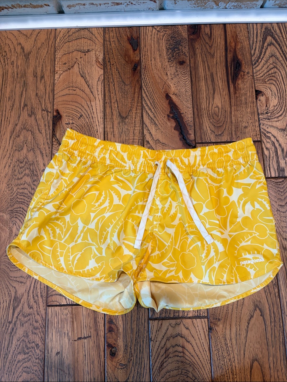 Patagonia Yellow Floral Swim Shorts with White Drawstring